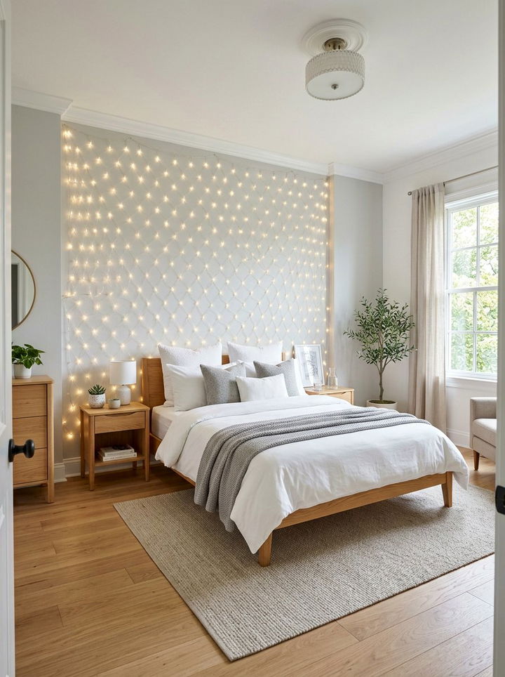 Net lights on bedroom wall - 30 bedroom string lights ideas