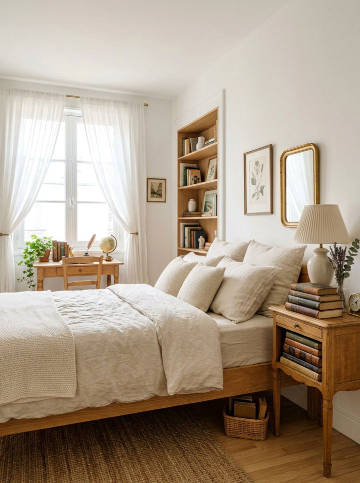 Neutral Bedding - 30 light academia bedroom ideas