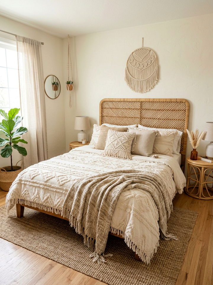 Neutral Boho Bedding - 30 bedroom layered bedding ideas