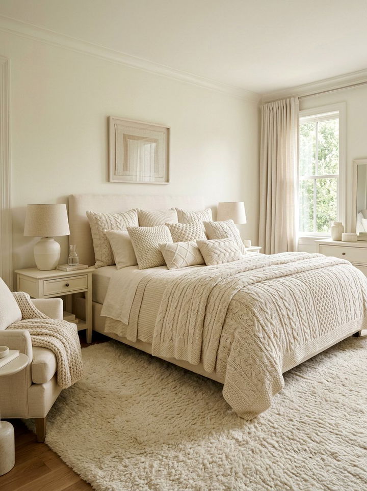 Neutral Cream Knit Bedroom - 30 knitted bedroom ideas