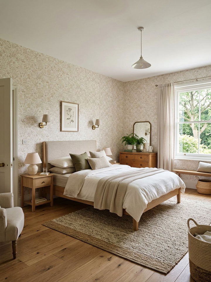 Neutral Floral Wallpaper - 30 farmhouse beige bedroom ideas