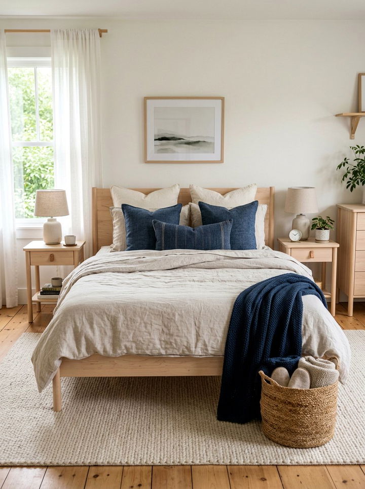 Neutral Linen Bedding Navy Accents - 30 scandinavian navy bedroom ideas