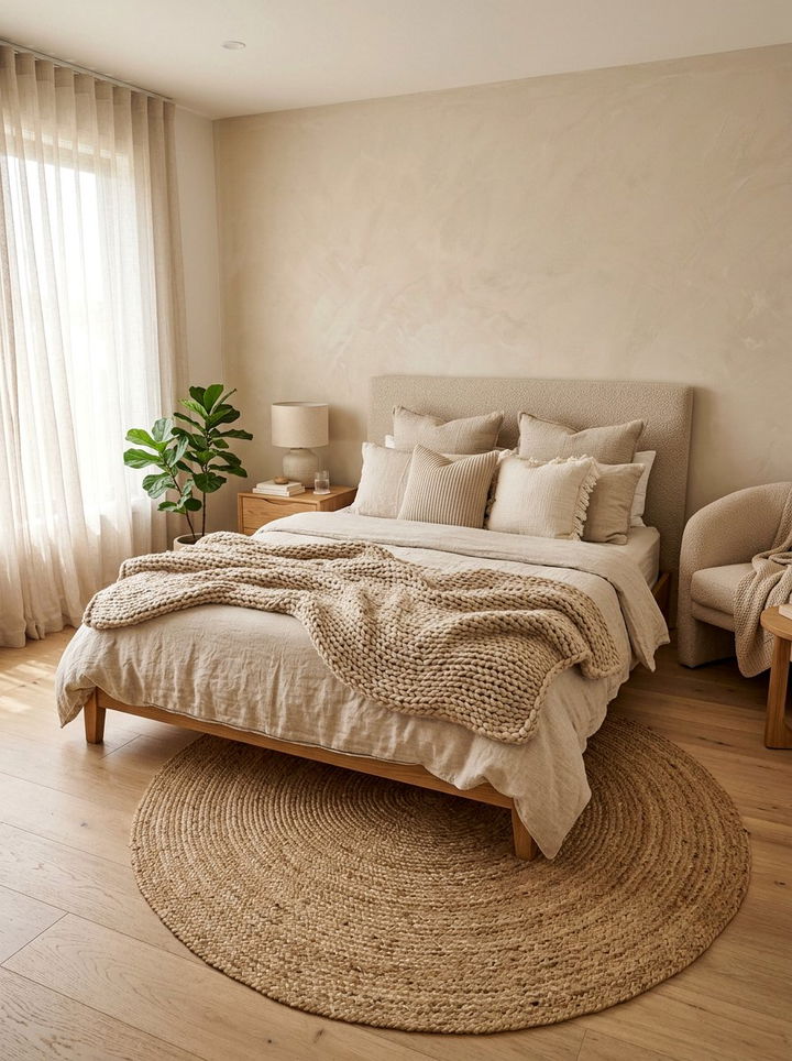 Neutral Tone Layered Textures - 30 scandinavian beige bedroom ideas