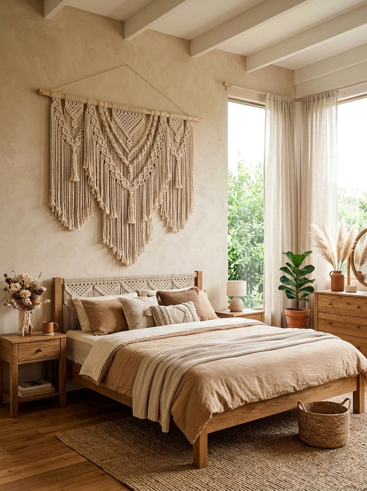 Neutral beige macrame wall decor - 30 bedroom macrame wall hangings