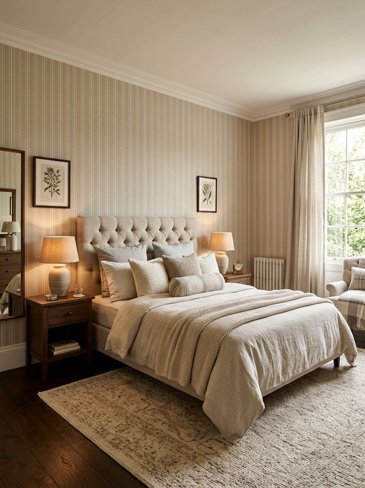 Neutral beige pinstripe wallpaper - 30 bedroom striped wall ideas