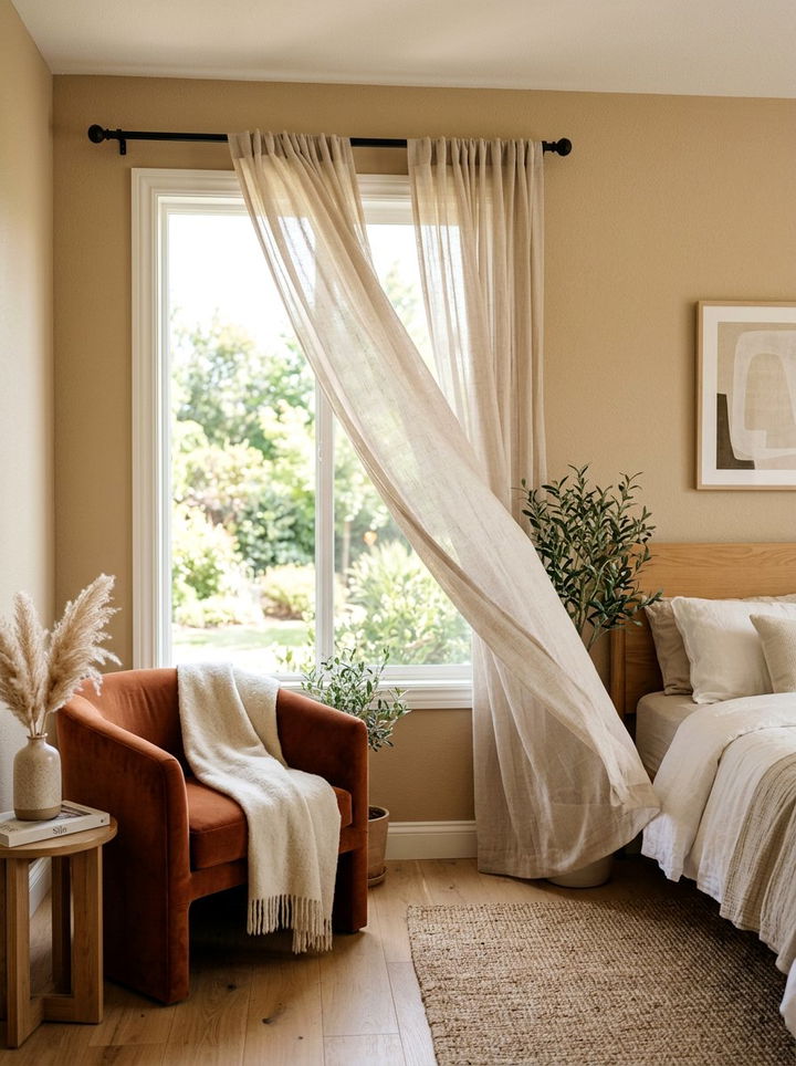 Neutral beige sheer curtains - 30 rust and beige bedroom ideas