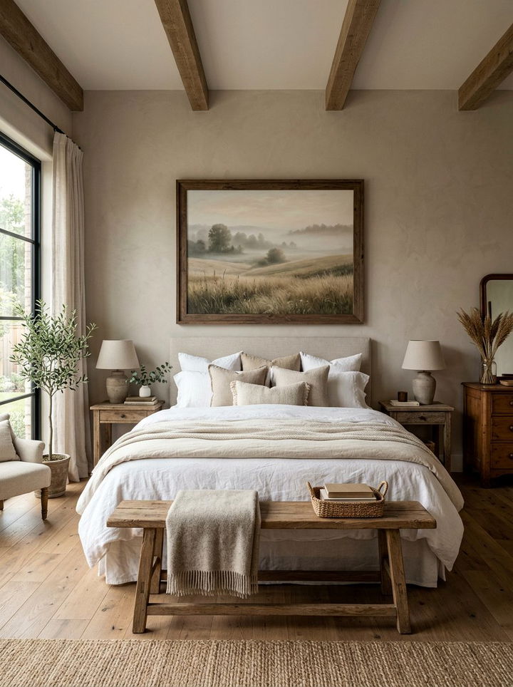 Neutral landscape painting - 30 rustic white bedroom ideas