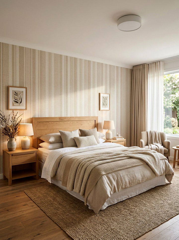 Neutral linen look stripe - 30 bedroom striped wallpapers