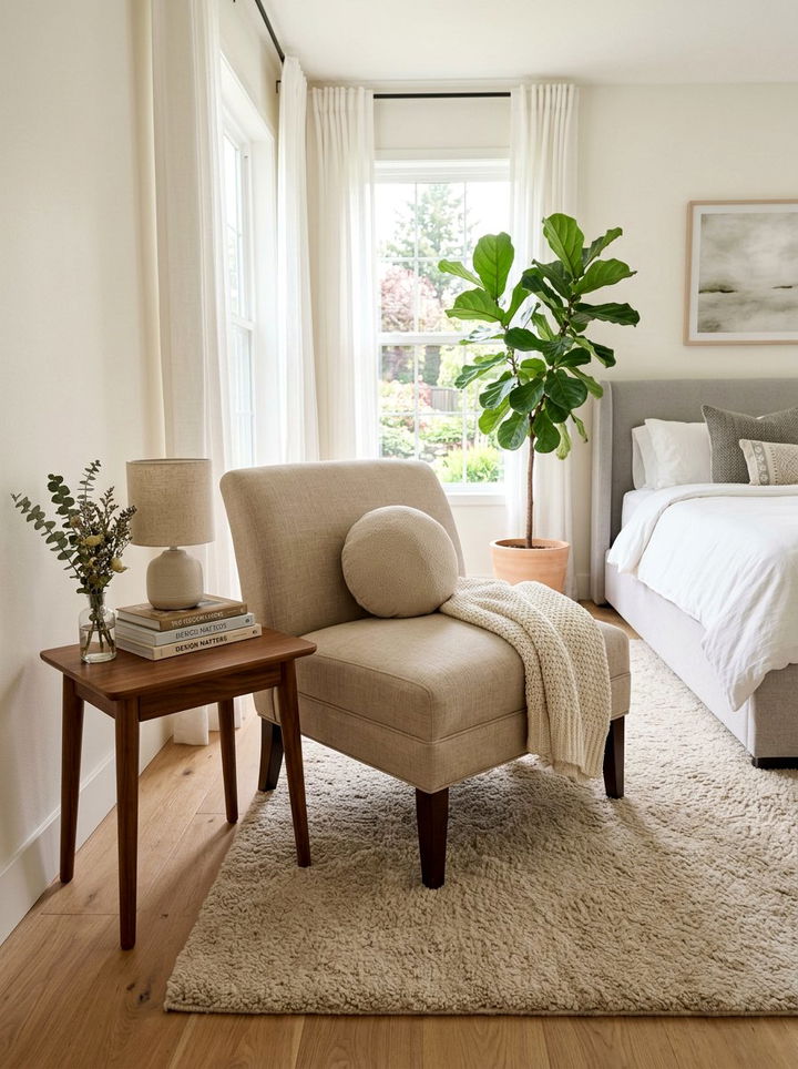 Neutral slipper chair - 30 beige bedroom furniture ideas