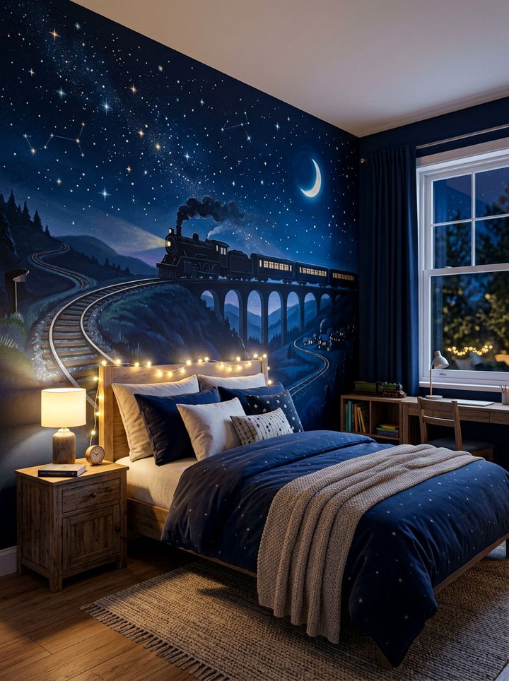 Night Sky Railway Mural - 30 train bedroom ideas