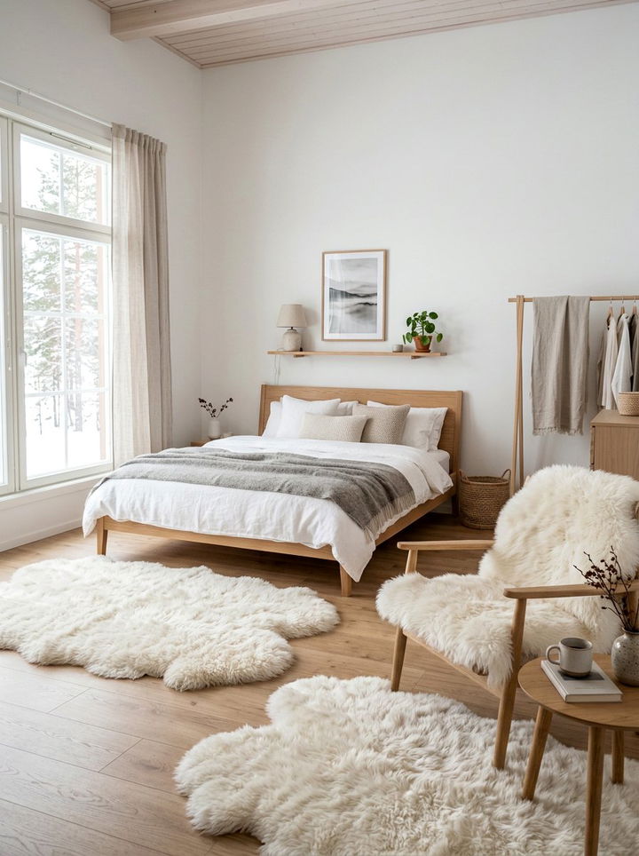 Nordic Bedroom Sheepskin Rugs - 30 scandinavian white bedroom ideas