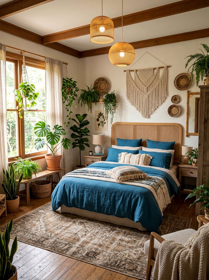 Ocean blue and rattan bedroom - 30 blue and brown bedroom color combo