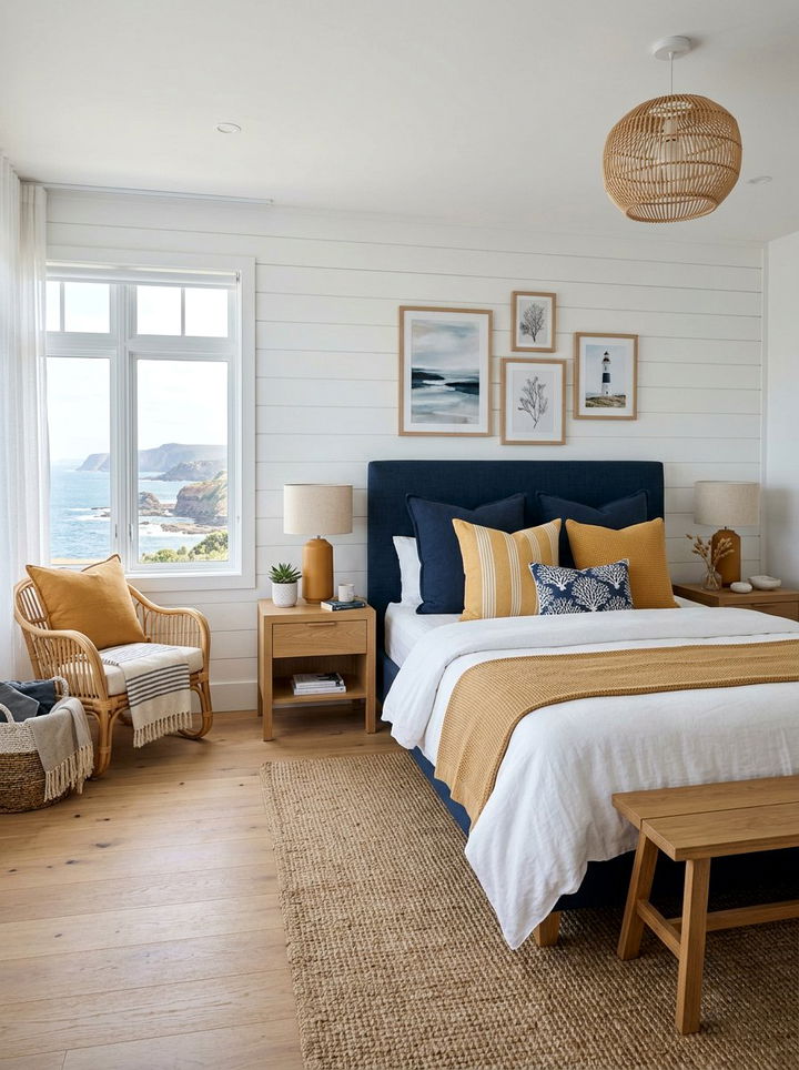 Ochre and navy coastal bedroom - 30 coastal bedroom color ideas