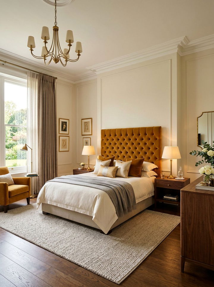 Ochre velvet headboard - 30 golden yellow bedroom ideas