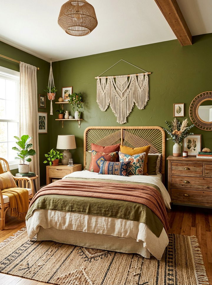 Olive Green Boho Bedroom - 30 cool green bedroom ideas