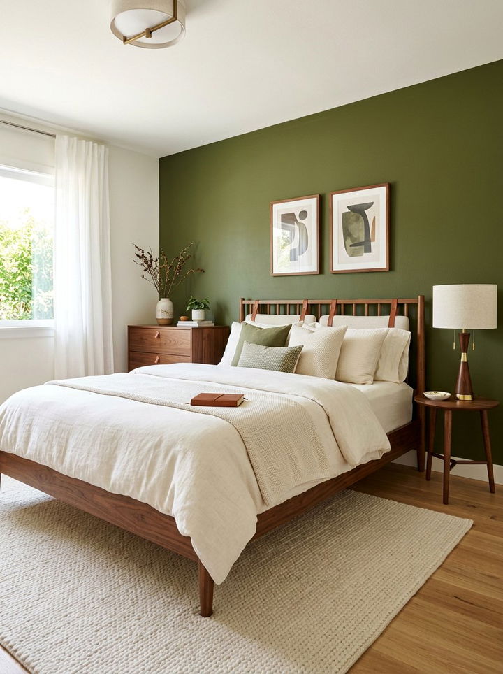Olive Green Feature Wall - 30 colorful bedroom accent wall ideas