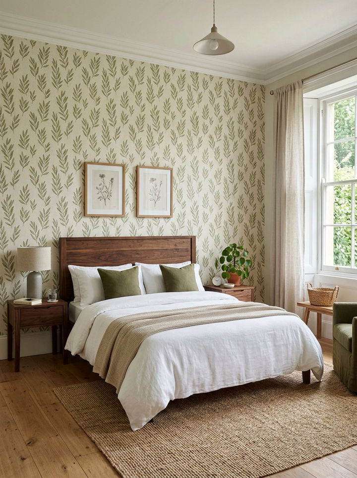 Olive Green Leaf Print Wallpaper - 30 bedroom minimalist wallpapers