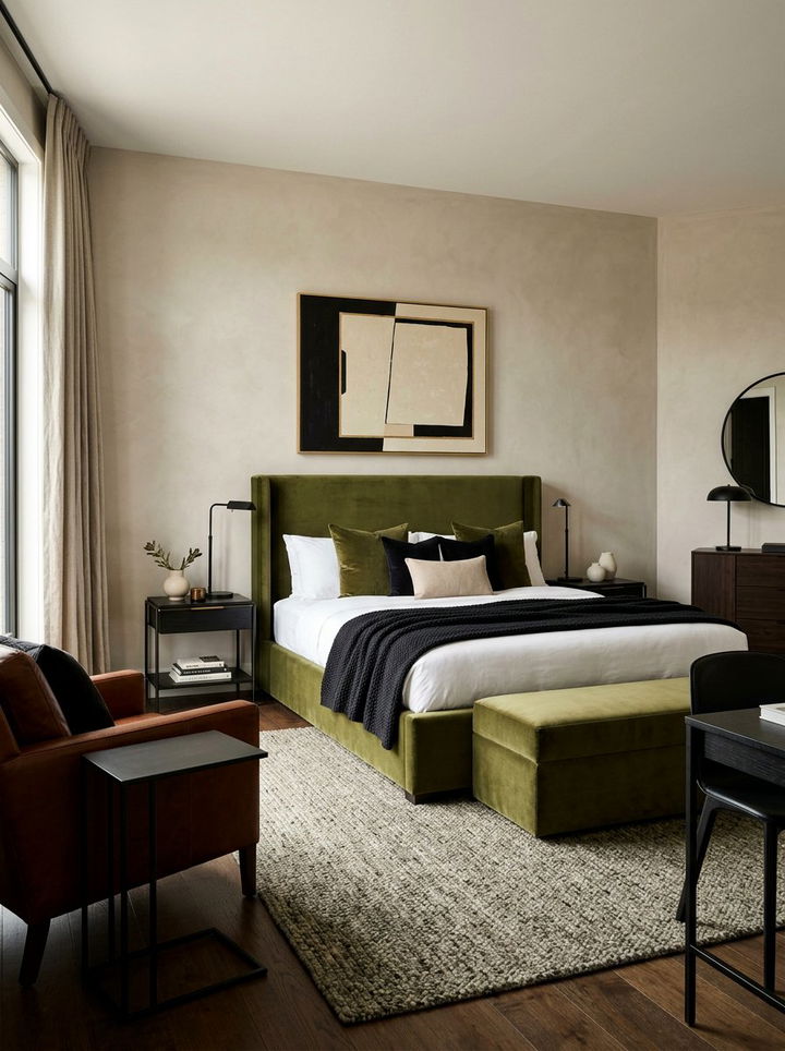 Olive Green Velvet Atmosphere - 30 velvet bedroom ideas