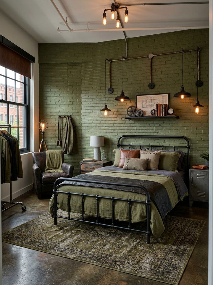 Olive Industrial Bedroom - 30 green bedroom ideas