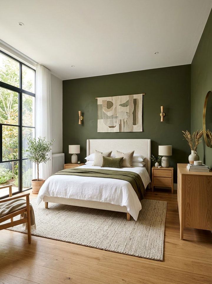 Olive green accent wall - 30 olive and cream bedroom ideas