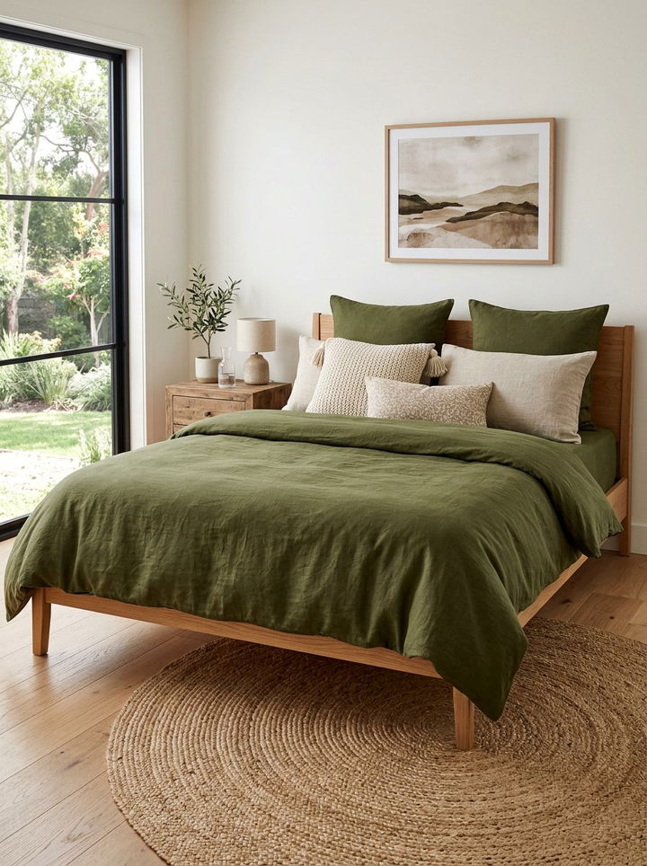 Olive green bedding - 30 minimalist green bedroom ideas