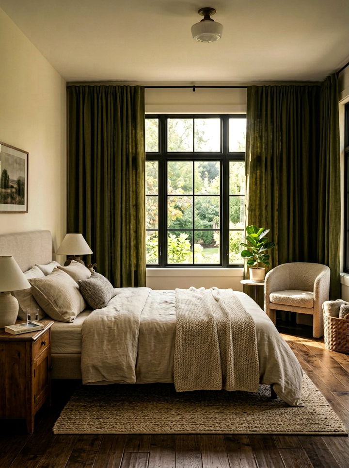 Olive green blackout curtains - 30 olive and cream bedroom ideas
