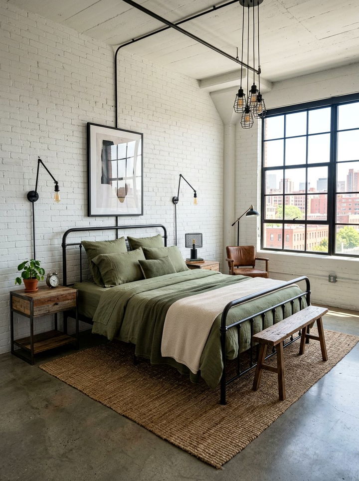 Olive green industrial bedroom - 30 green and white bedroom ideas