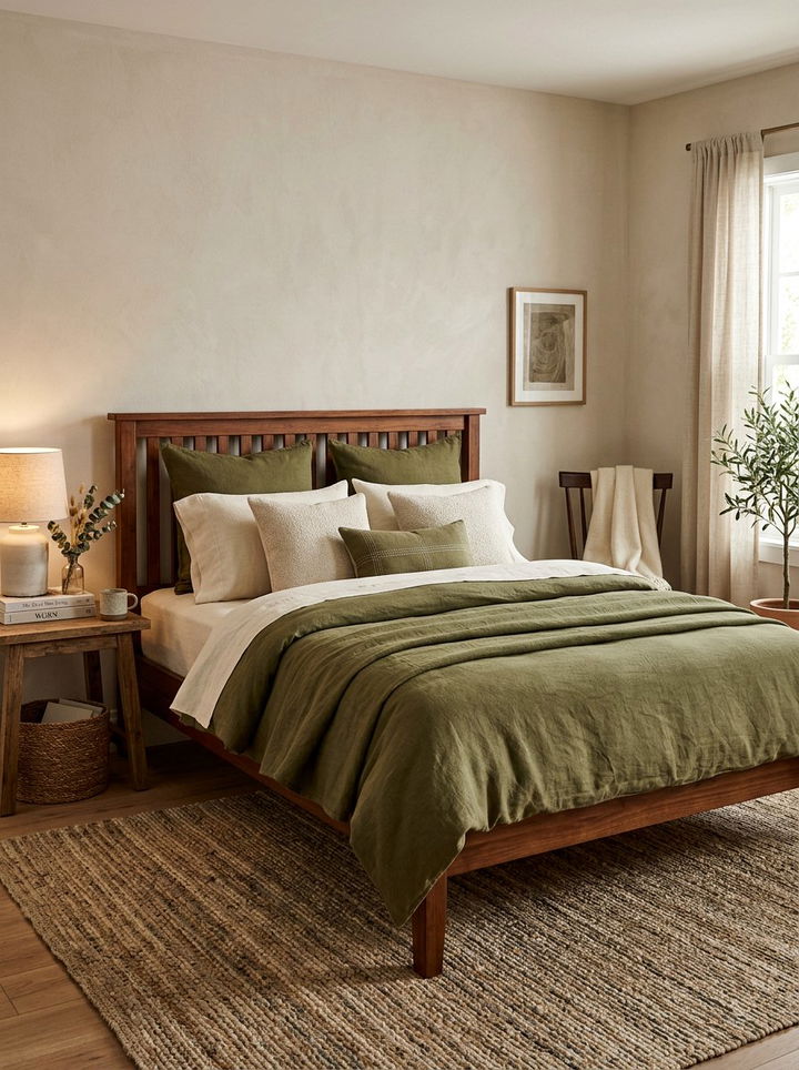Olive green linen bedding - 30 traditional green bedroom ideas