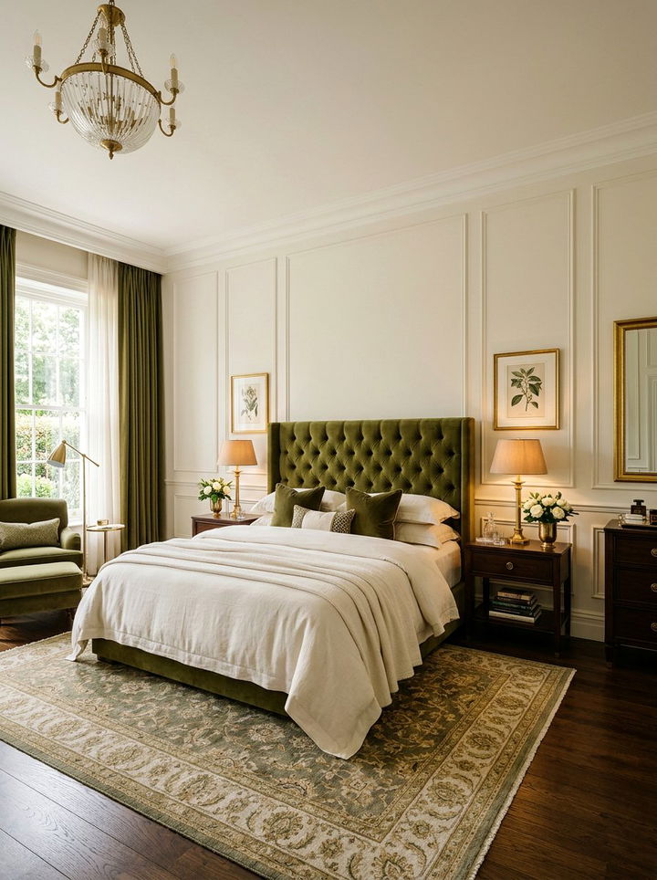 Olive velvet headboard - 30 olive and cream bedroom ideas