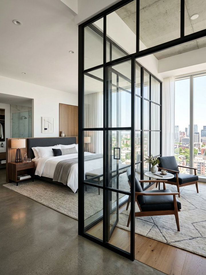 Open Concept Bedroom With Glass Partition Lounge - 30 bedroom with lounge ideas
