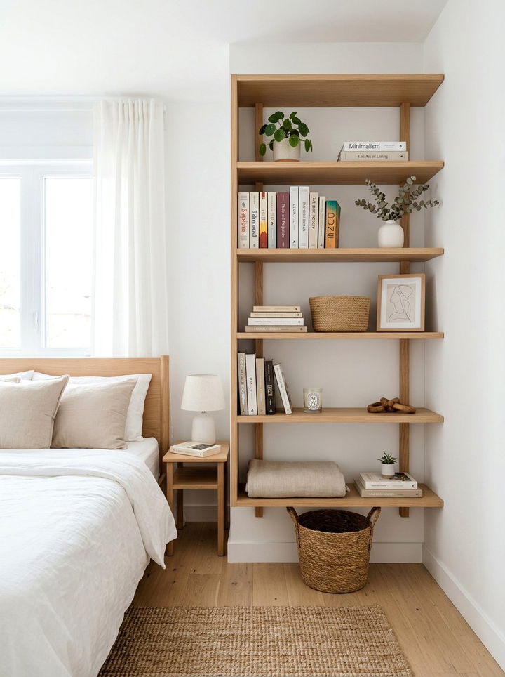 Open Shelf Storage - 30 Scandinavian minimalist bedroom ideas