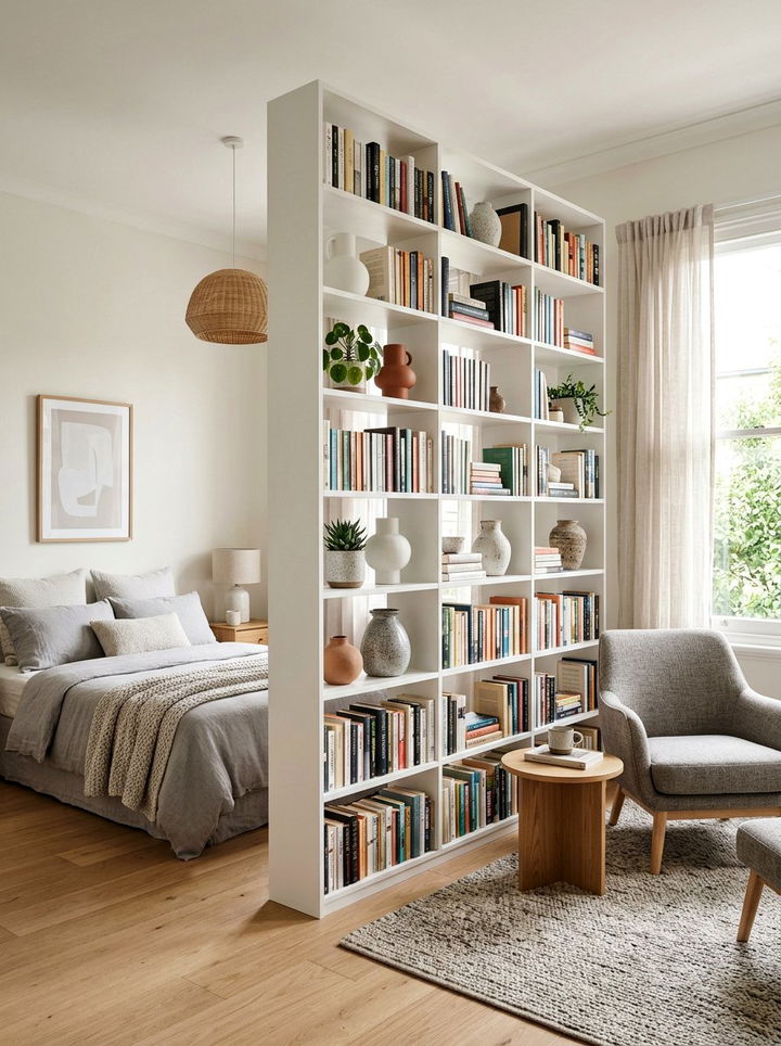 Open Shelving Room Divider - 30 bedroom zoning ideas