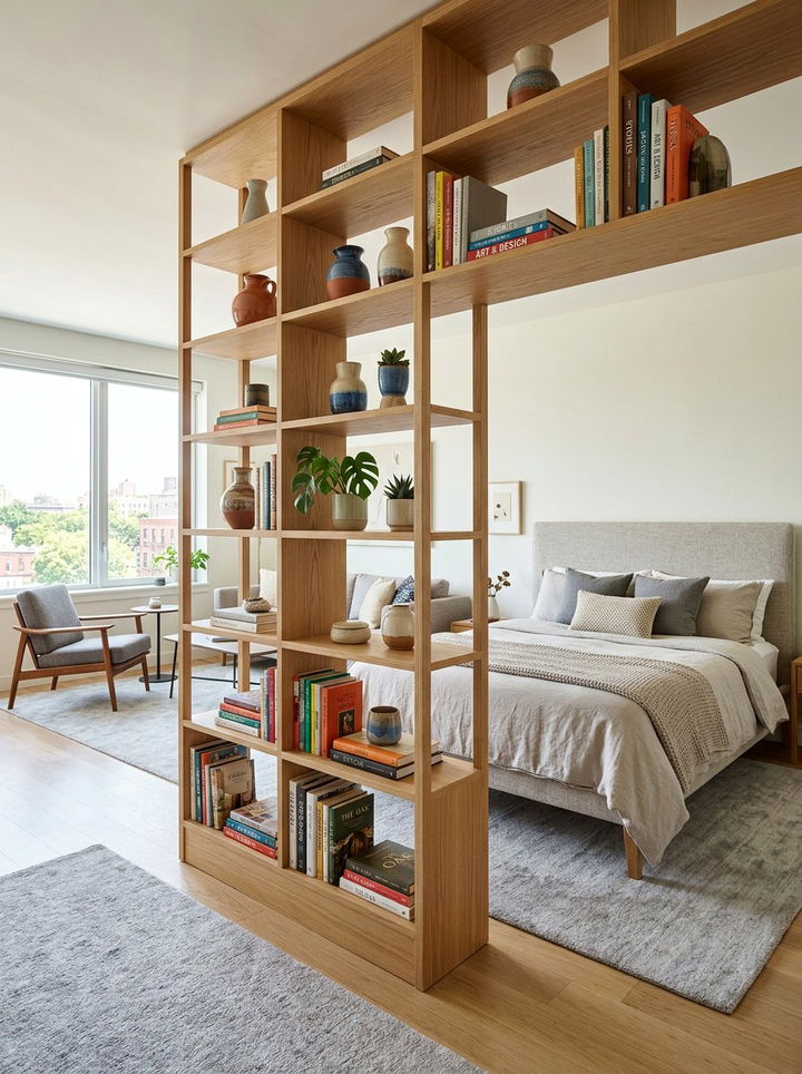 Open bookshelf divider - 30 bedroom divider ideas