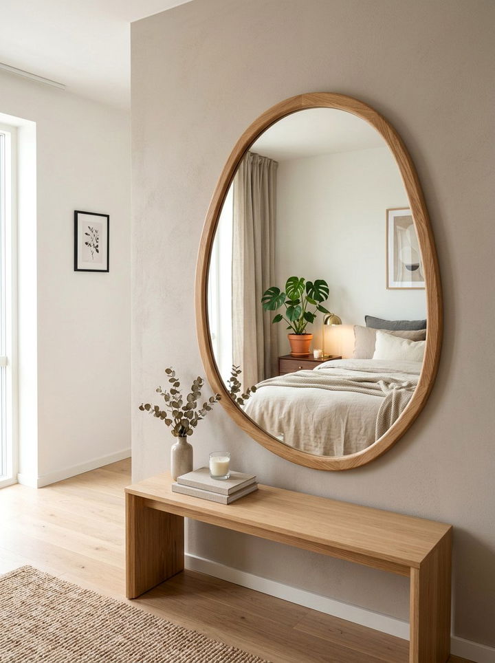 Organic Shaped Mirror - 30 warm minimalist bedroom ideas