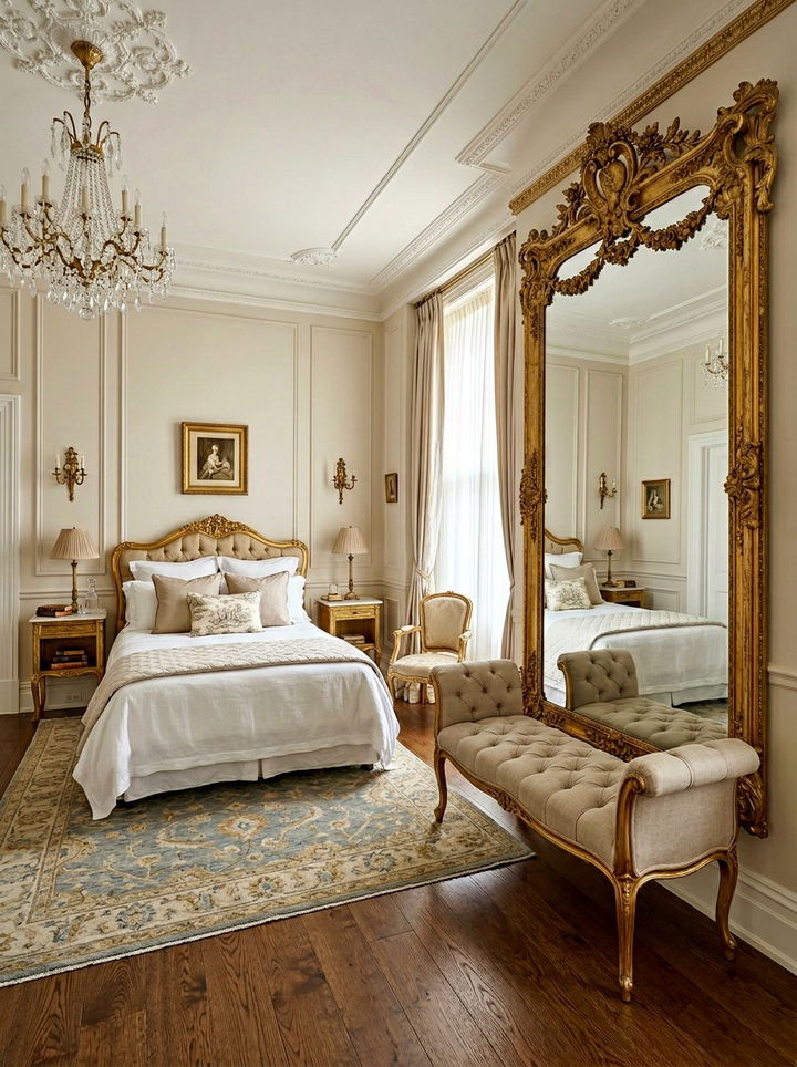 Ornate mirror French bedroom - 30 French shabby chic bedroom ideas