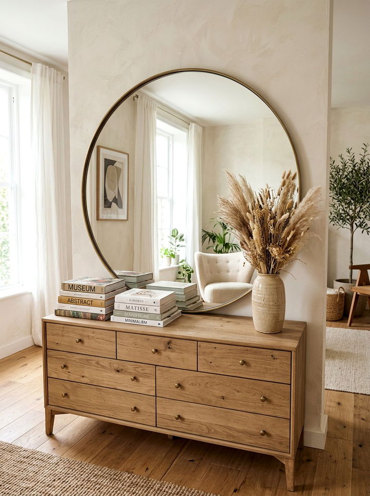 Oversized Round Mirror Leaning On Dresser - 30 bedroom round mirrors