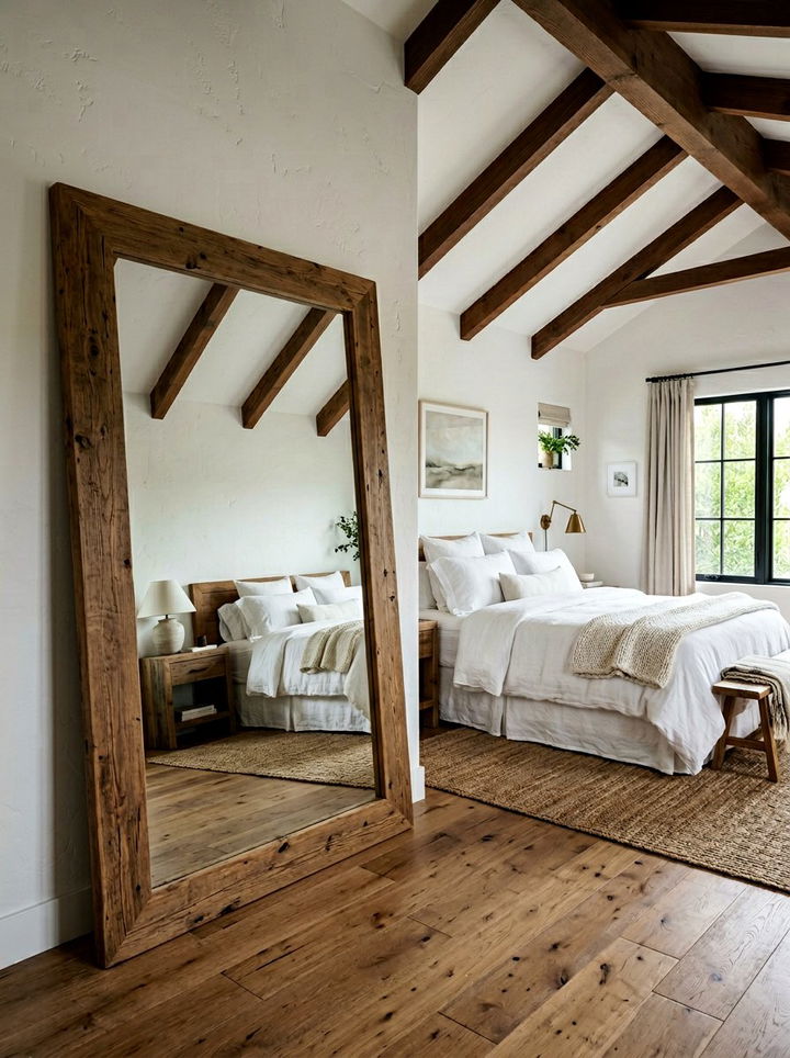 Oversized floor mirror wood frame - 30 rustic white bedroom ideas