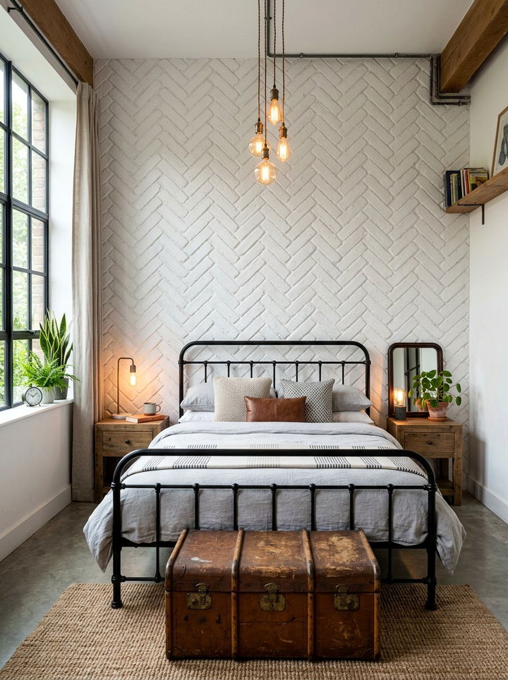 Painted Brick Herringbone Wall - 30 bedroom herringbone wall ideas