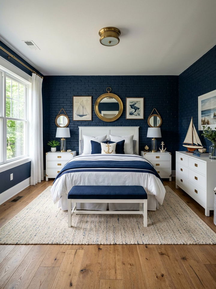 Painted Navy Brick Wall - 30 bedroom brick wall ideas