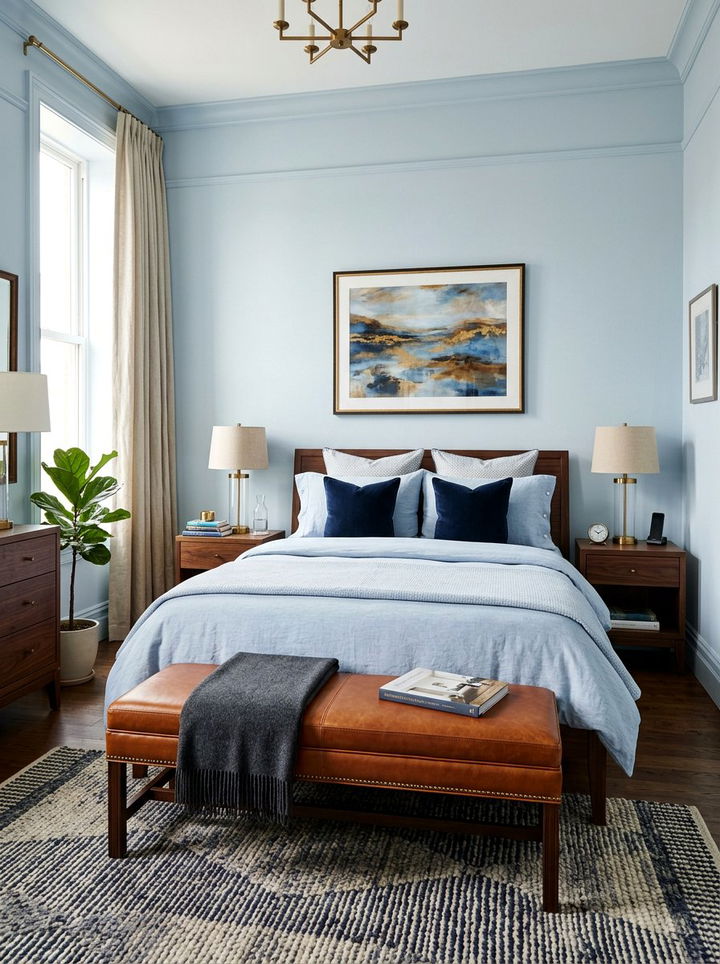 Pale blue and cognac leather bedroom - 30 blue and brown bedroom color combo