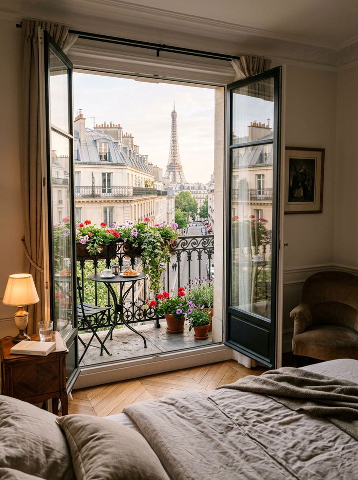 Parisian Balcony View - 30 boutique hotel bedroom ideas