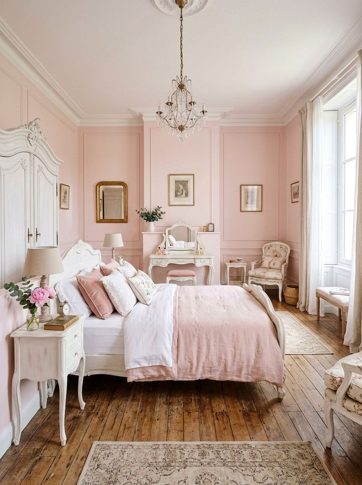 Pastel pink French bedroom - 30 French shabby chic bedroom ideas