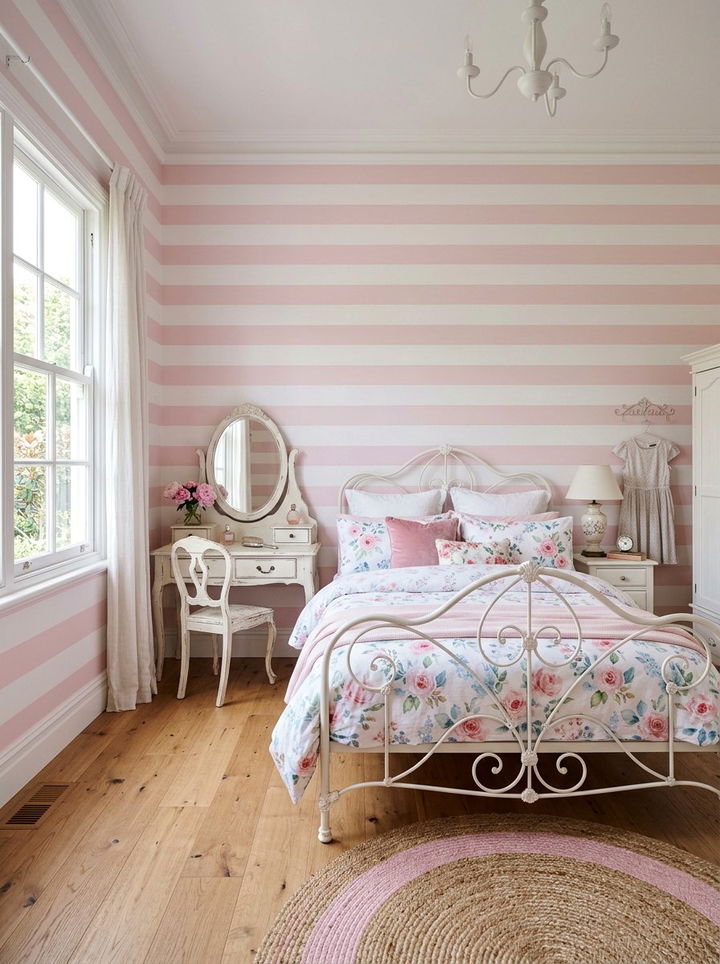 Pastel pink and white stripes - 30 bedroom striped wall ideas