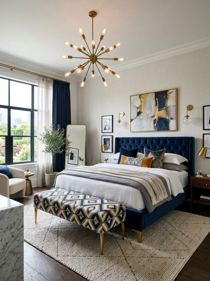 Patterned Decorative Bench - 30 mid-century glam bedroom ideas