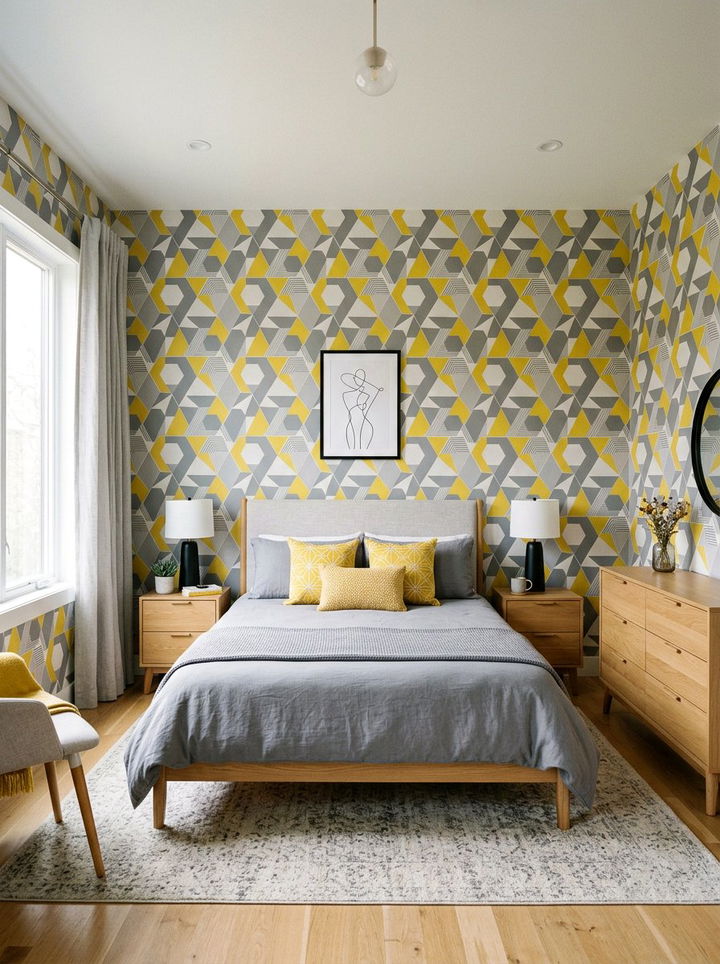 Patterned gray yellow wallpaper bedroom - 30 gray yellow bedroom ideas