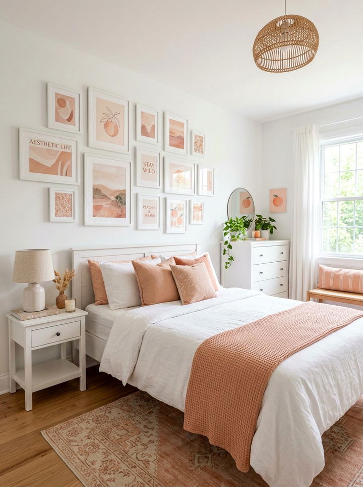 Peach And White Bedroom With Gallery Wall - 30 peach and white bedroom ideas