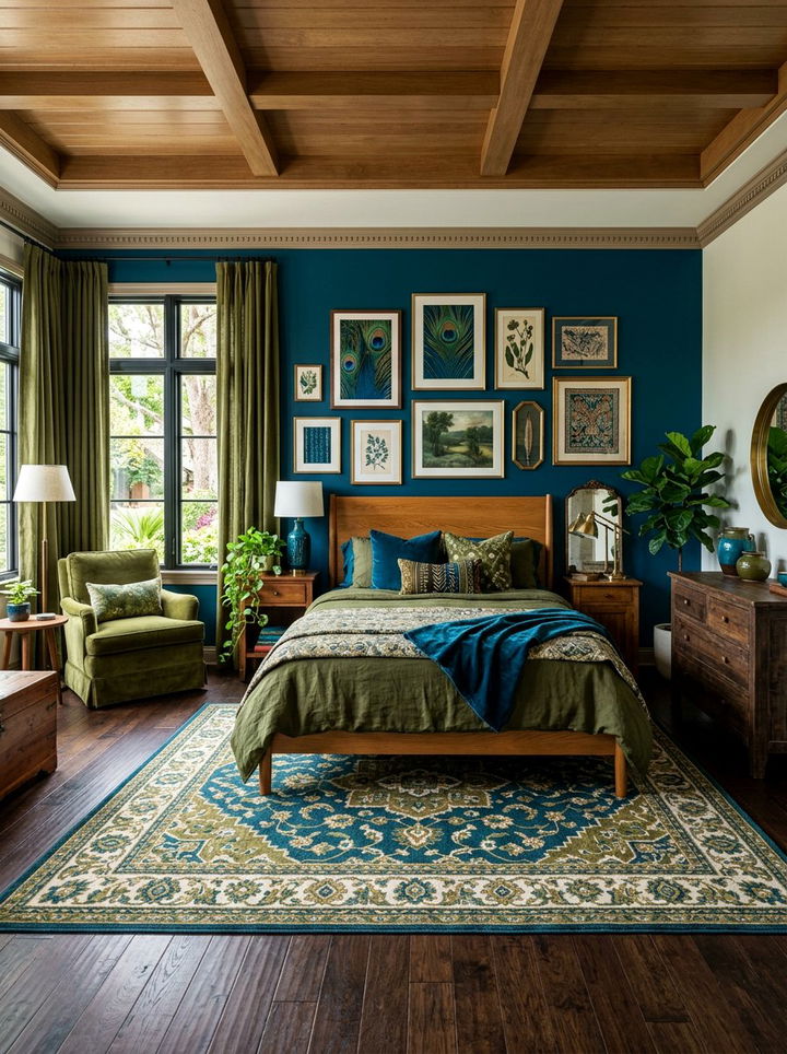Peacock blue and olive green bedroom - 30 blue and green bedroom ideas