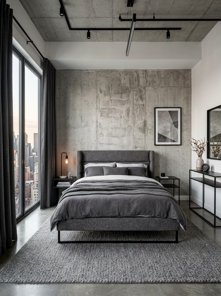 Pebble gray bedroom with concrete walls - 30 pebble gray bedroom ideas