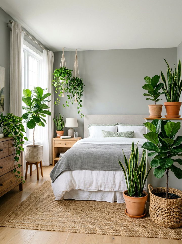 Pebble gray bedroom with green plants - 30 pebble gray bedroom ideas