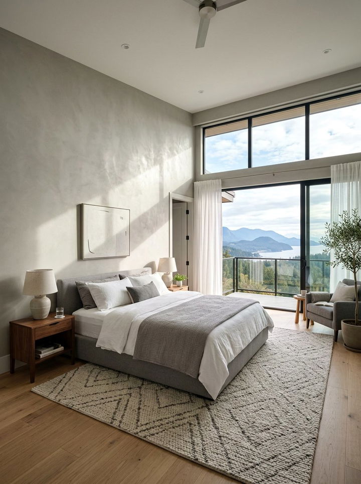 Pebble gray bedroom with large windows - 30 pebble gray bedroom ideas